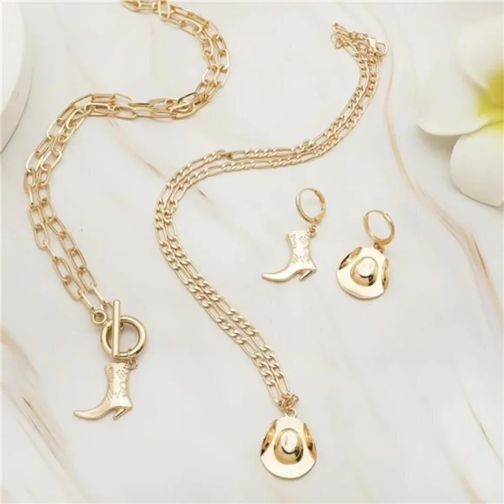 Cowgirl chic Western Necklace Earrings Jewelry Set For Women Chunky Gold tone